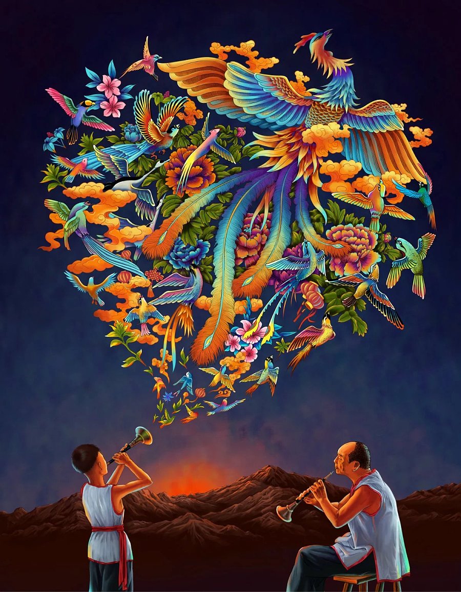 原创作品:百鸟朝凤手绘版海报