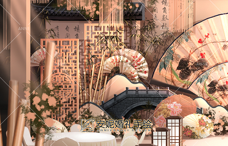 暖金色新中式婚礼 | 安妮婚礼手绘（图ZMTY5NDI4OTI0） - 舞台美术 - 站酷设计师安妮婚礼手绘原创素材 - 站酷ZCOOL