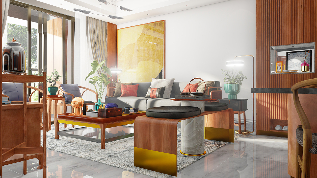 广州三居室民居设计（原创新中式现代实木风）