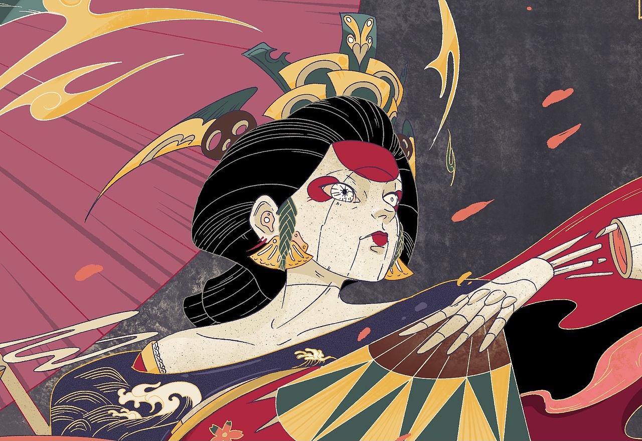 花魁头部特写
结合机械质感与和风的怪诞元素和装束<br>头饰通过悬浮来表现魔幻感