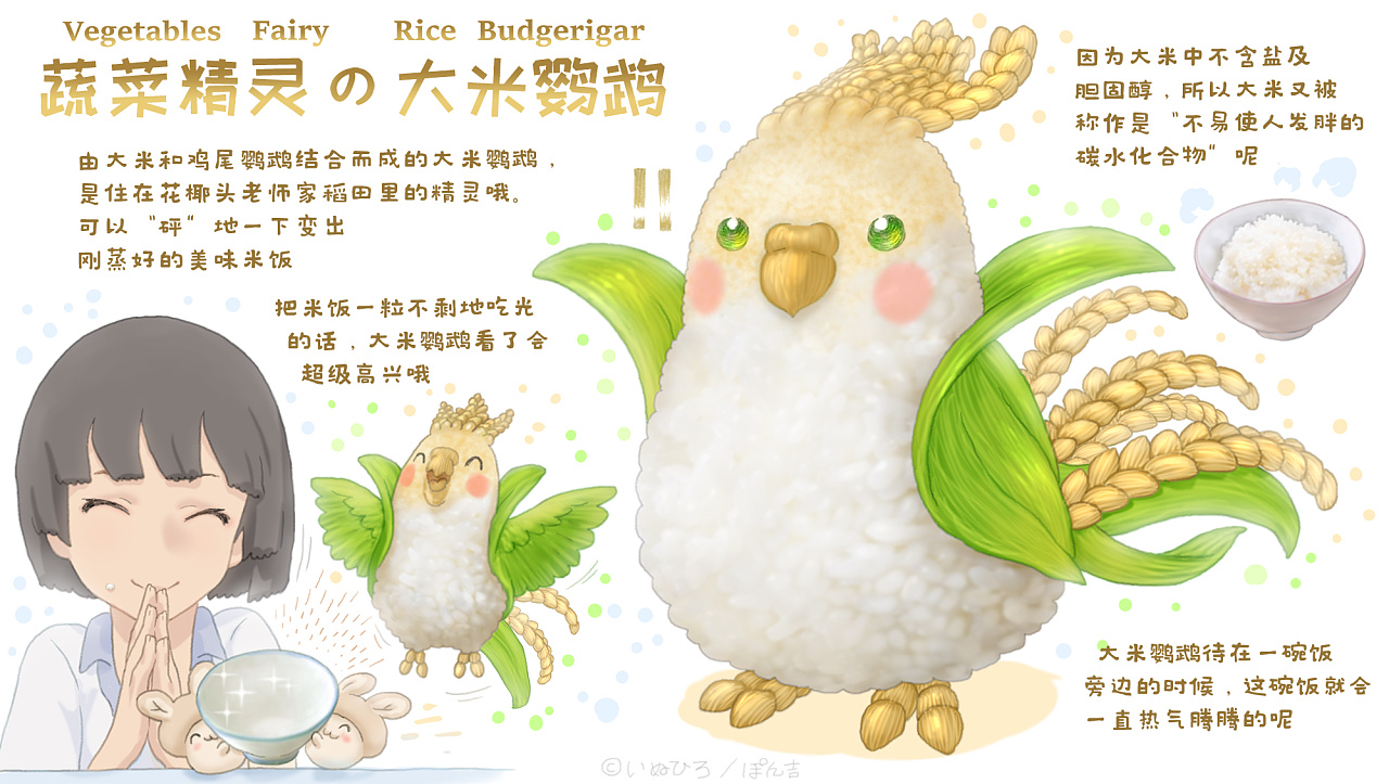 【蔬菜动物精灵】大米鹦鹉|插画|艺术插画|朋吉_插画师 - 原创作品