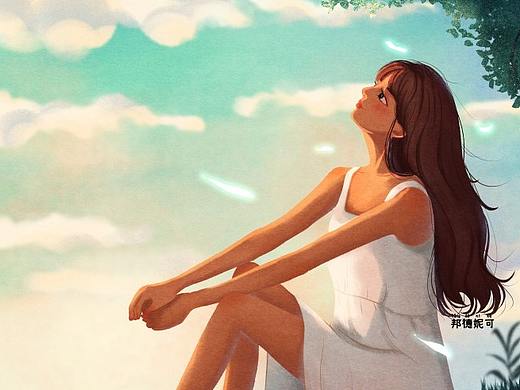 人物插画  白裙少女和白猫