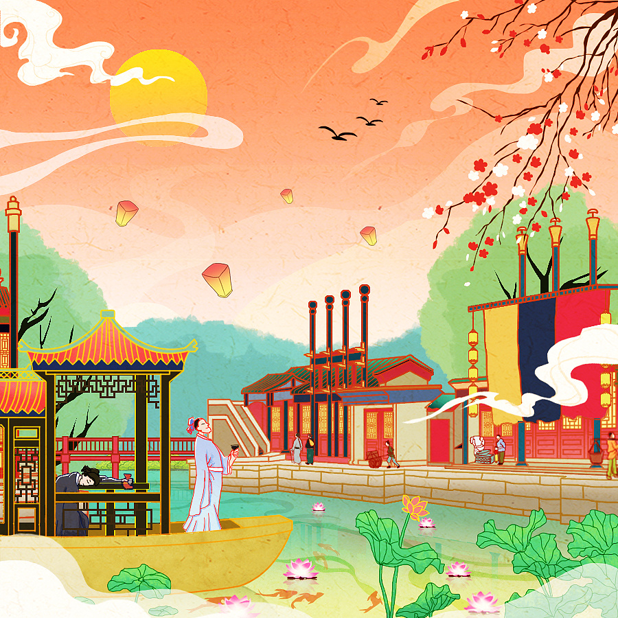 颐和园四景国风插画