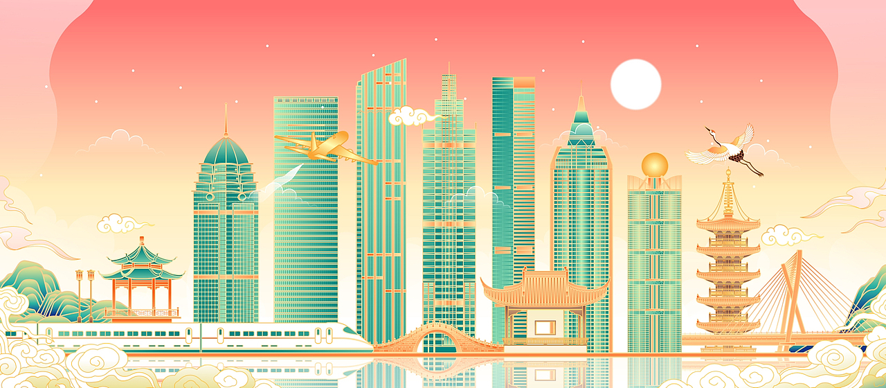 中国江苏无锡城市建筑群矢量插画