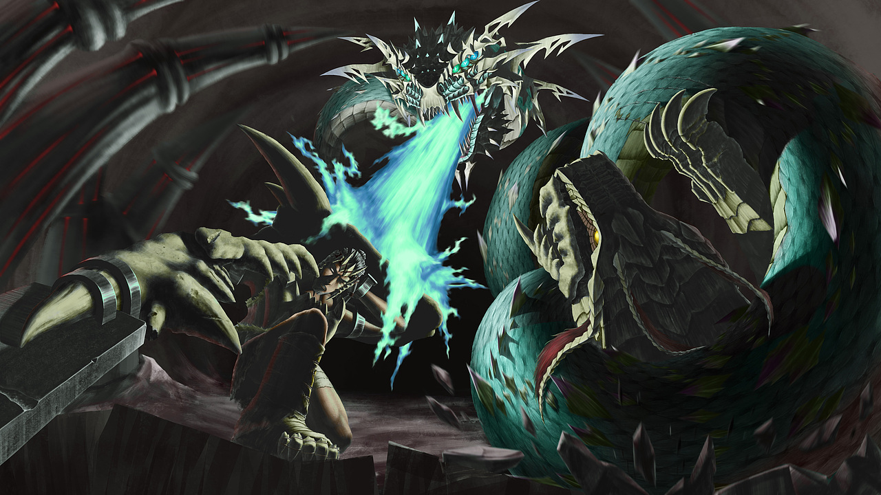 设定巨蟒喷出的绿色火焰为主光源,此为未添加火焰绿色效果的固有色