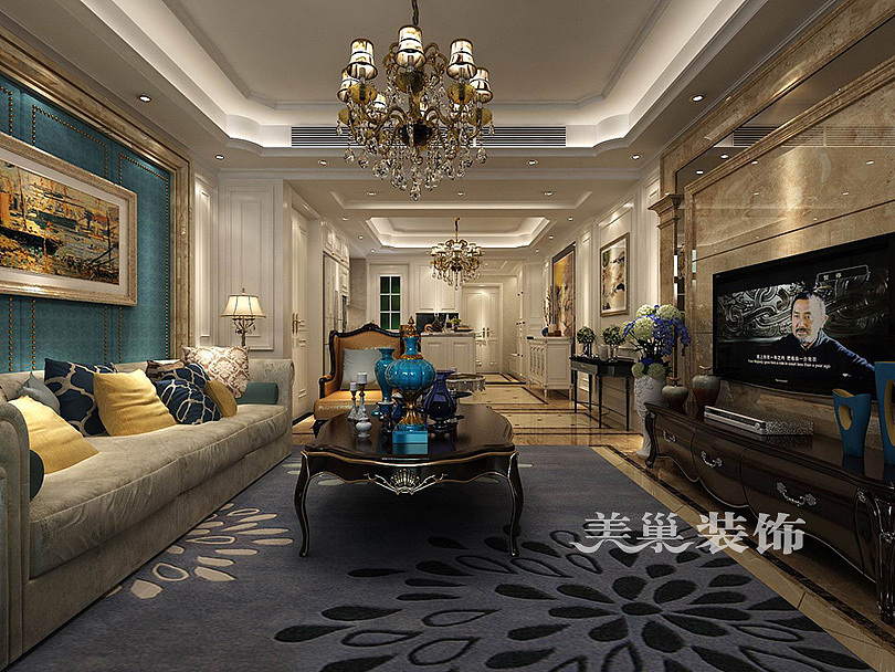 郑州永威翡翠城欧式风格装修样板间——客厅全景
