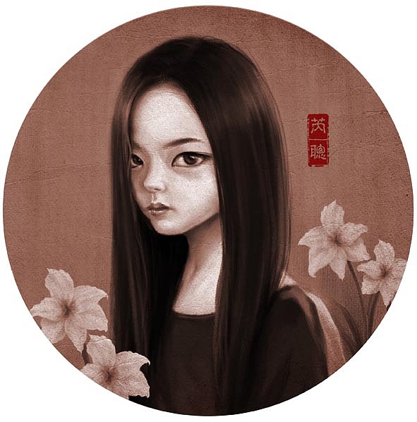 芮聪有着乌黑垂顺的长发，丹凤眼，朱唇，性格安静如百合花，我用古典油画的方式表现出她古典的气质。