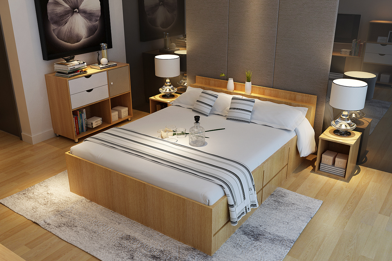 欧式木床＋床头柜效果图_绘梵空间设计-站酷ZCOOL
