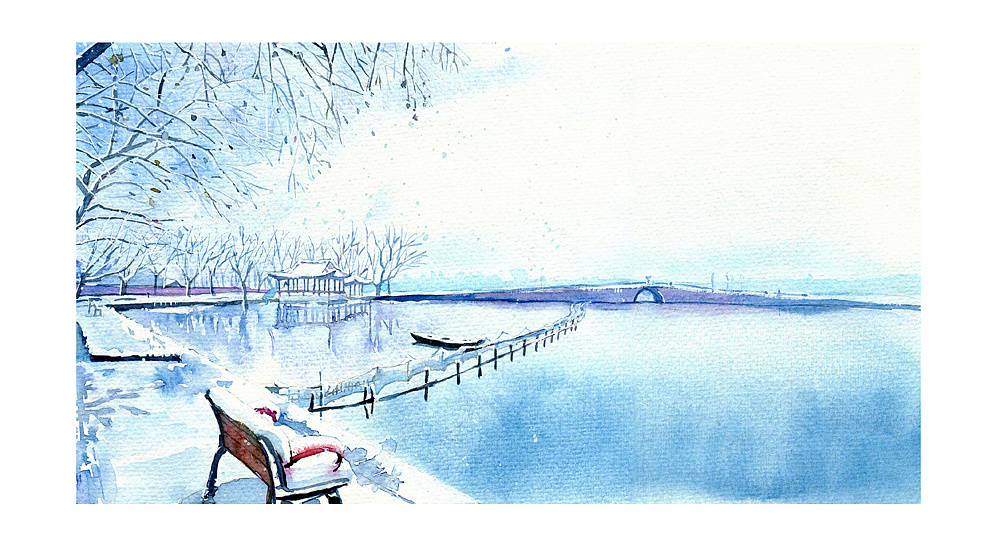 西湖水彩画 简单图片