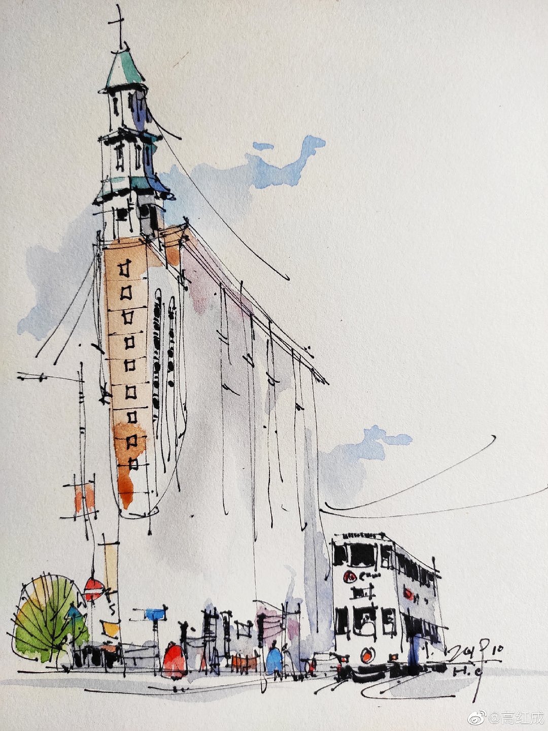 钢笔淡彩建筑风景速写