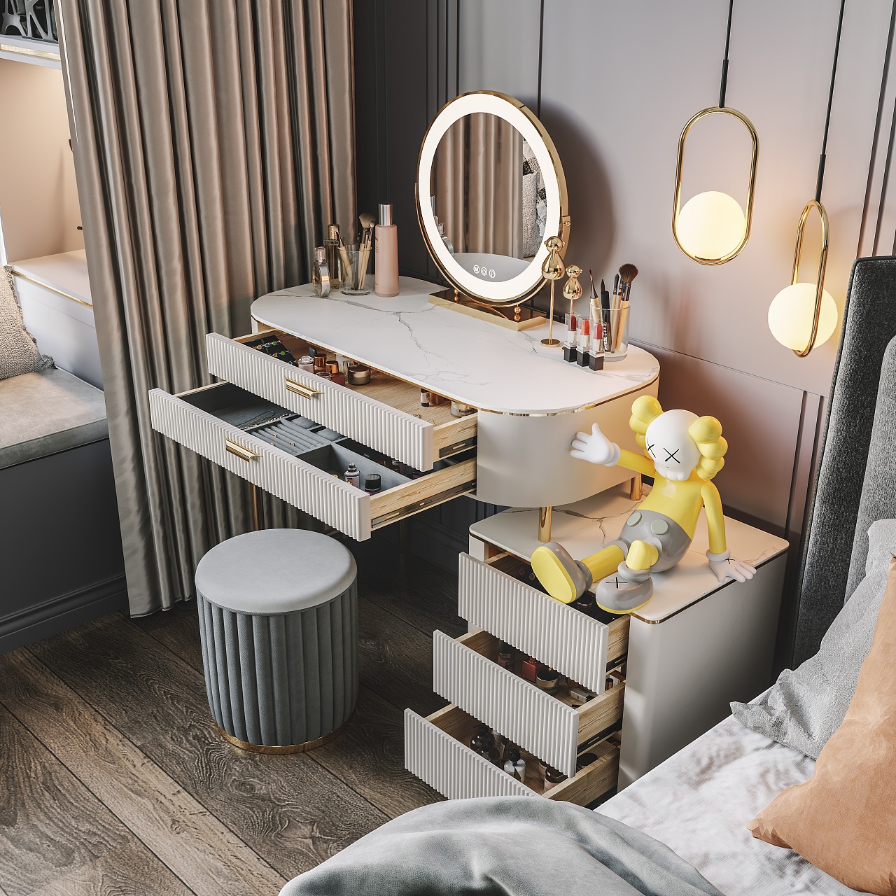梳妆台木质 卧室简约现代多功能美式化妆台 含凳含镜子厂家直销-阿里巴巴