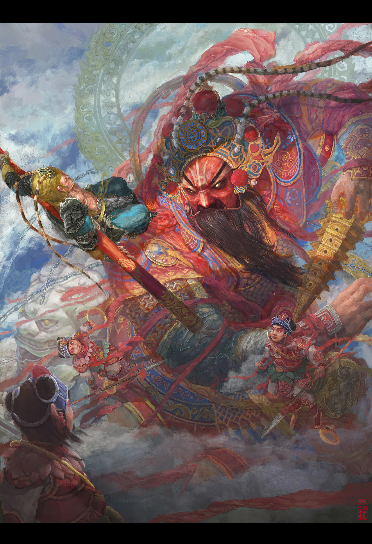 这张是李靖和红孩儿和齐天大圣的大战,因为这张是第一张画天上的神仙