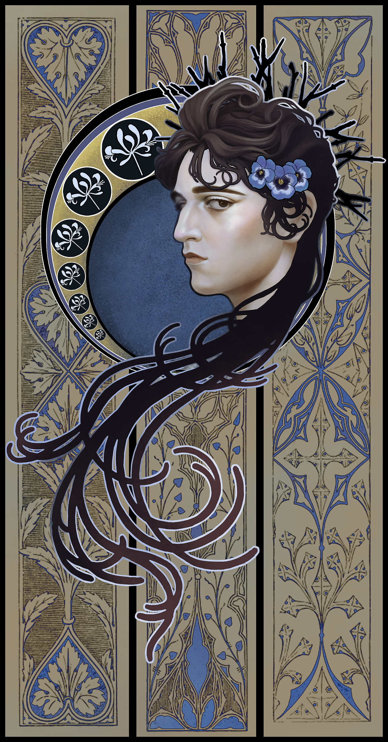 调整了背景中的花朵元素，只保留了忍冬花，压到和整体背景比较和谐的色彩感受。