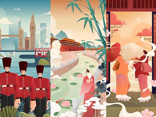 扁平插画城市系列—英国/中国/日本