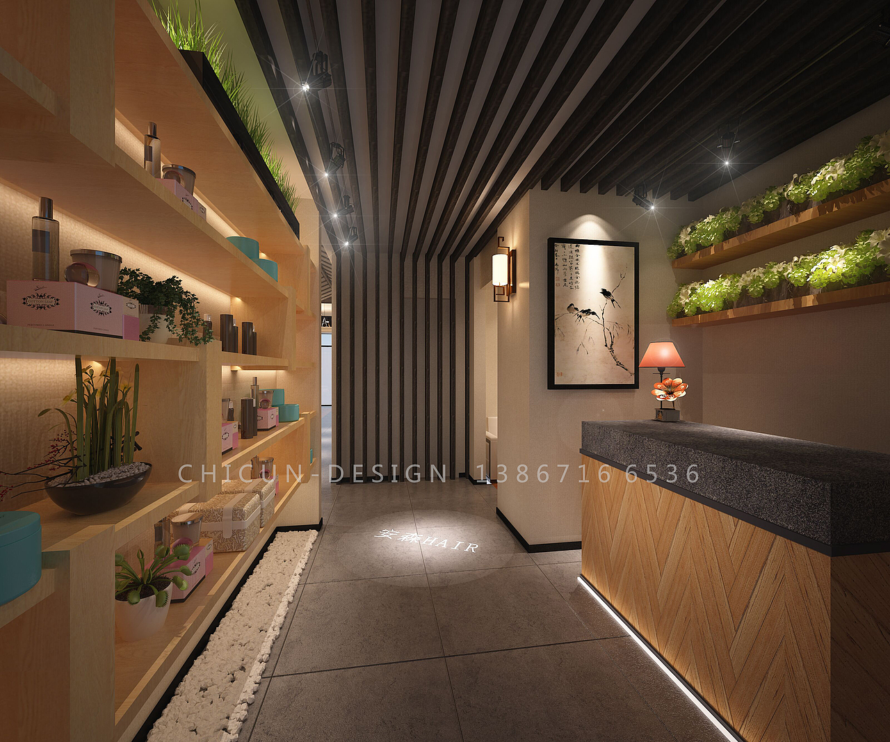 尺寸设计|安森新中式理发店空间设计 发廊设计效果图