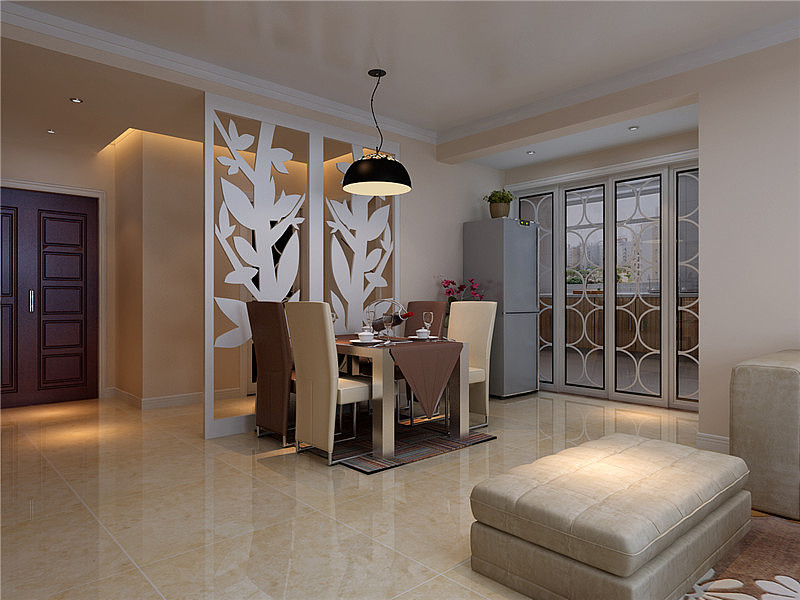 餐厅的话考虑到空间的整体分配,在入户那块做了一个白色的木质隔断,既能保证视觉不受影响又能起到美观的一个作用。