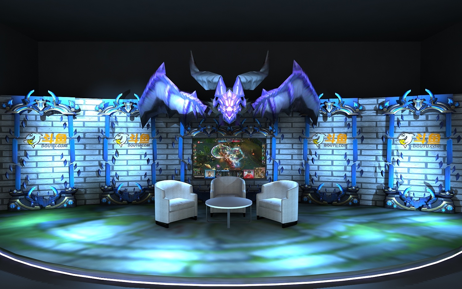 斗鱼 英雄联盟 演播厅 转播台 3d效果图设计 直播间