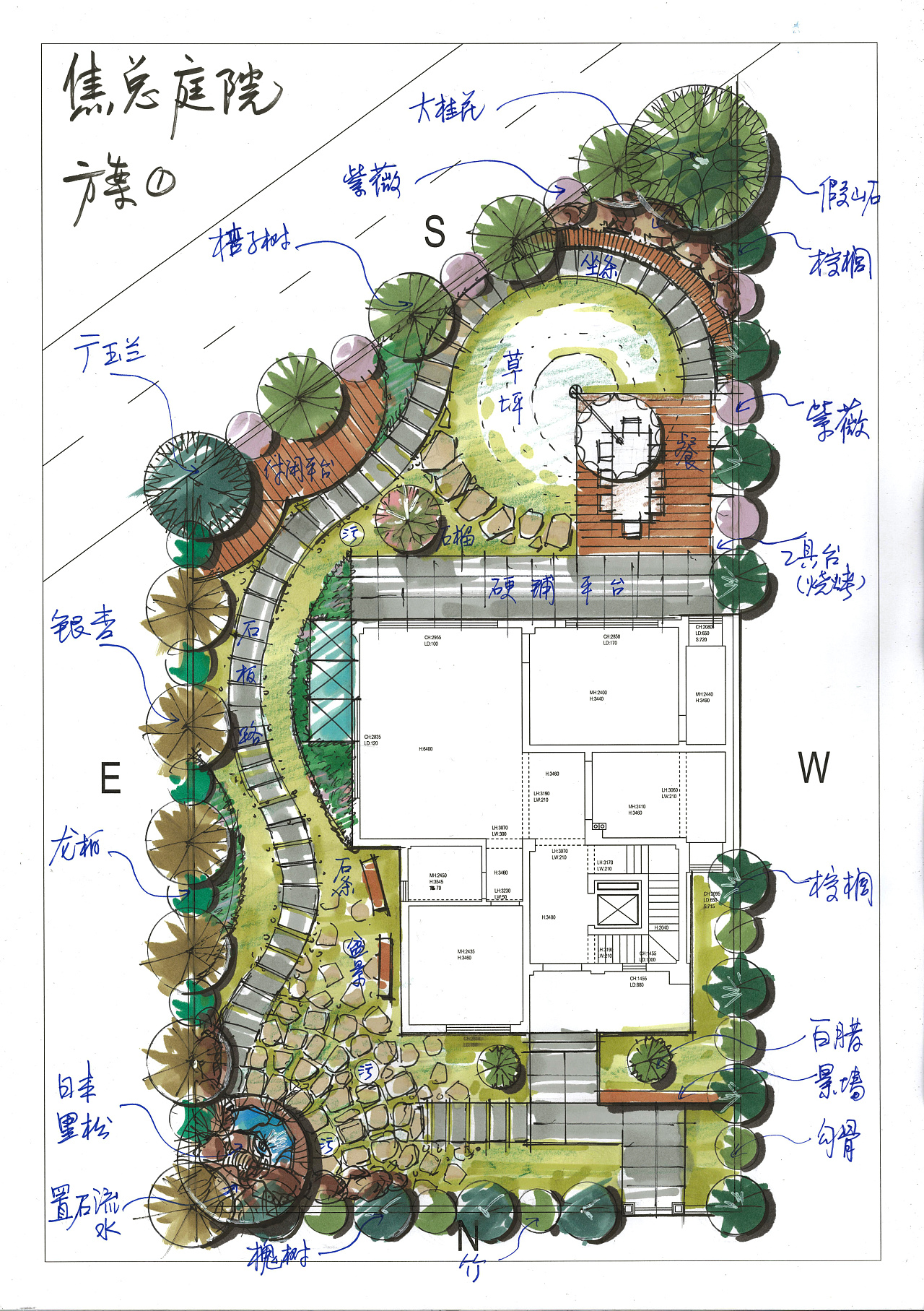 兵哥中式庭院设计圆形方案手绘平面图