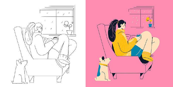 扁平风插画线稿和配色