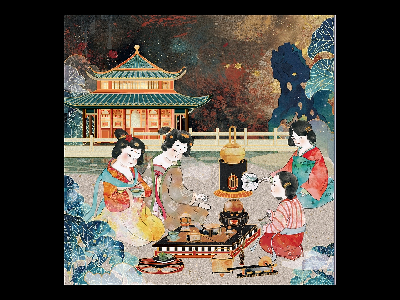 国潮古风|唐风|仕女煎茶图_一九一一-站酷zcool