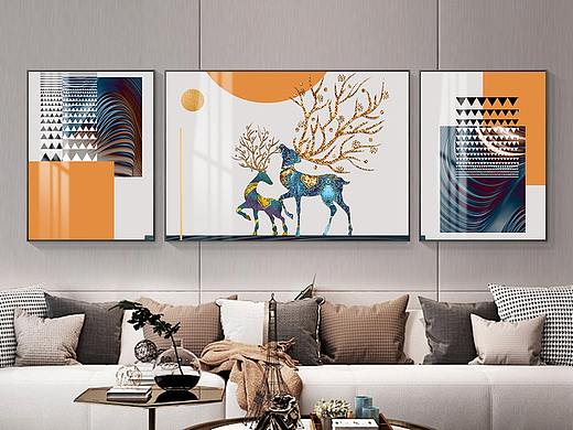 新中式抽象客厅画装饰画发财鹿客厅现代挂画