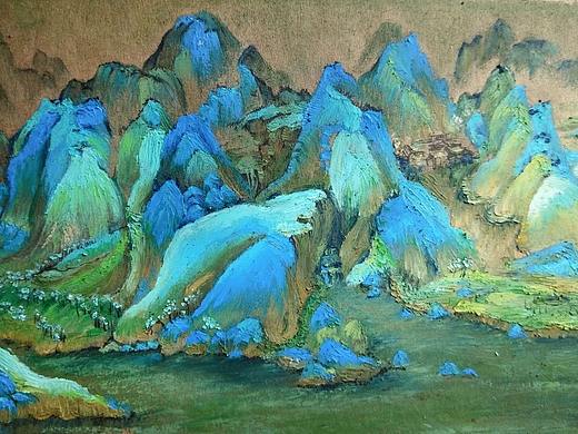 千里江山图局部临摹，油画棒
