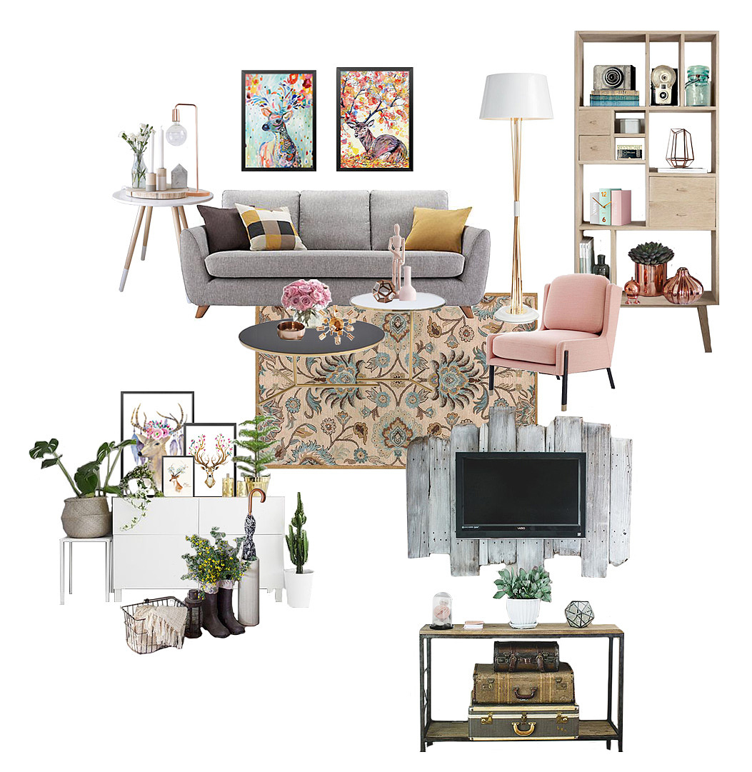       客厅主打粉色，浅灰色和白色。可爱的挂画搭配可爱的小植物，非常清新的感觉。