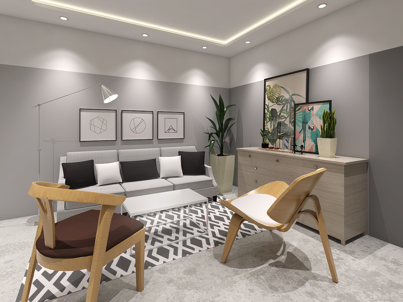 两组客厅家具分别展示了浅色系和深色系的经典搭配，几何元素是北欧风格的一大特点，它既可以丰富空间的层次，同时还能保持秩序感。
上白下灰的拼色墙，可以在视觉上划分出区域，也避免了沉闷。