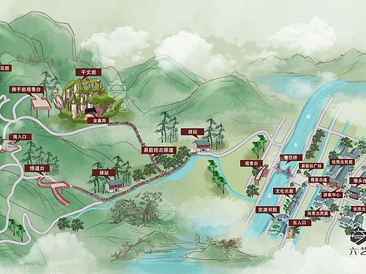 易筋经小镇手绘地图旅游导览图水墨中国风宣传插画