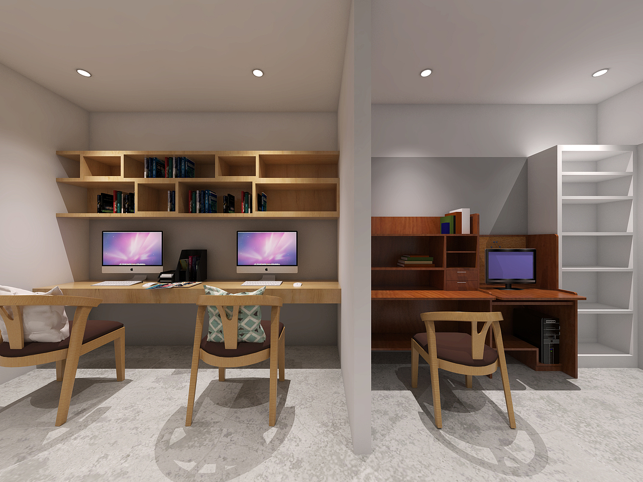 店面后方的书房展示区，提供了单人、双人多种方案的书桌产品。
