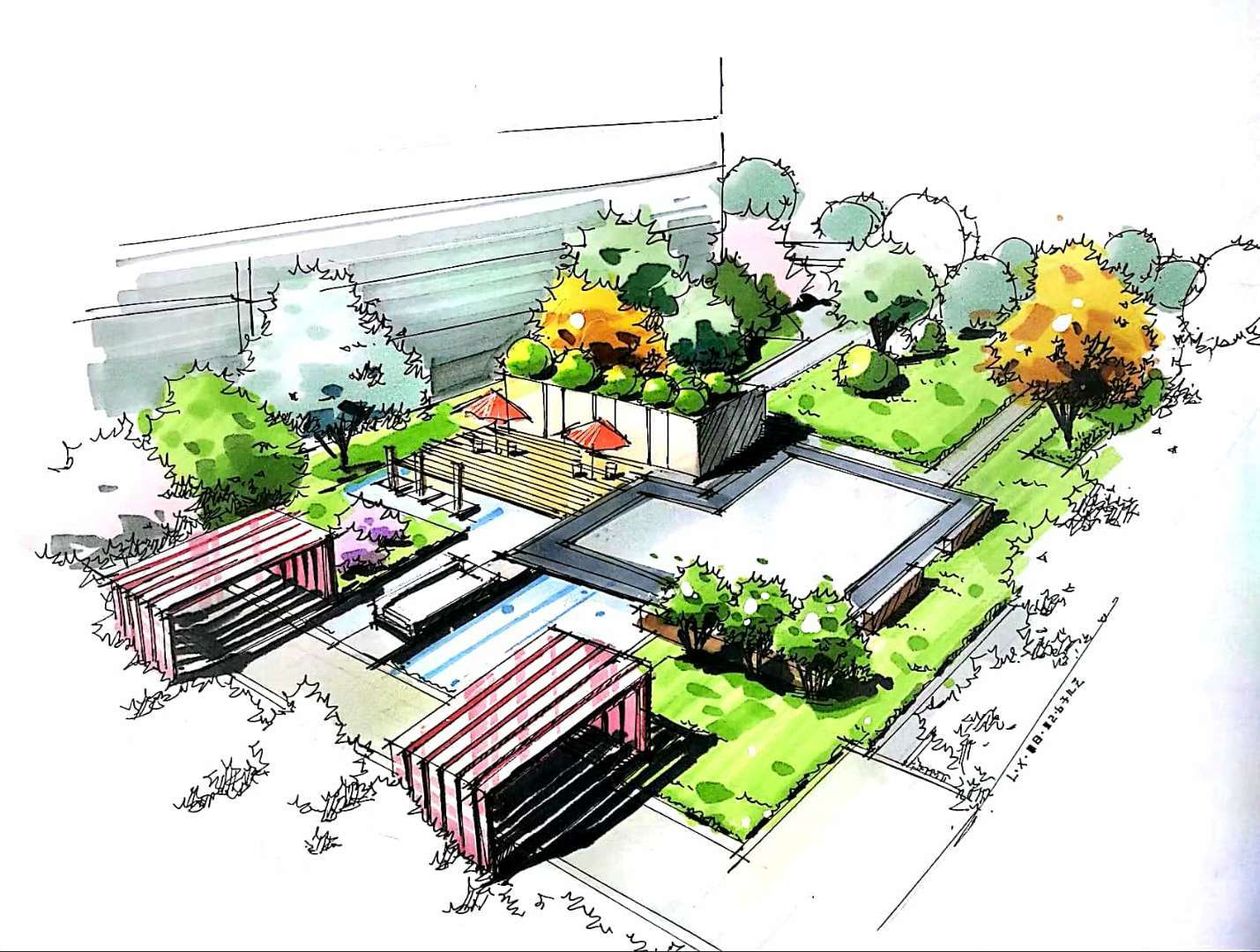 风景园林手绘效果图 写生鸟瞰图表现~~