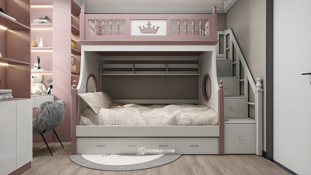 女孩房以粉色饰面为主,双层床童趣可爱,临窗书桌粉白搭配,两侧均设置开放格用来收纳书籍或玩具摆件,再定制一整面墙的衣柜,同样延用粉色系来营造温馨烂漫的学习或休息氛围。