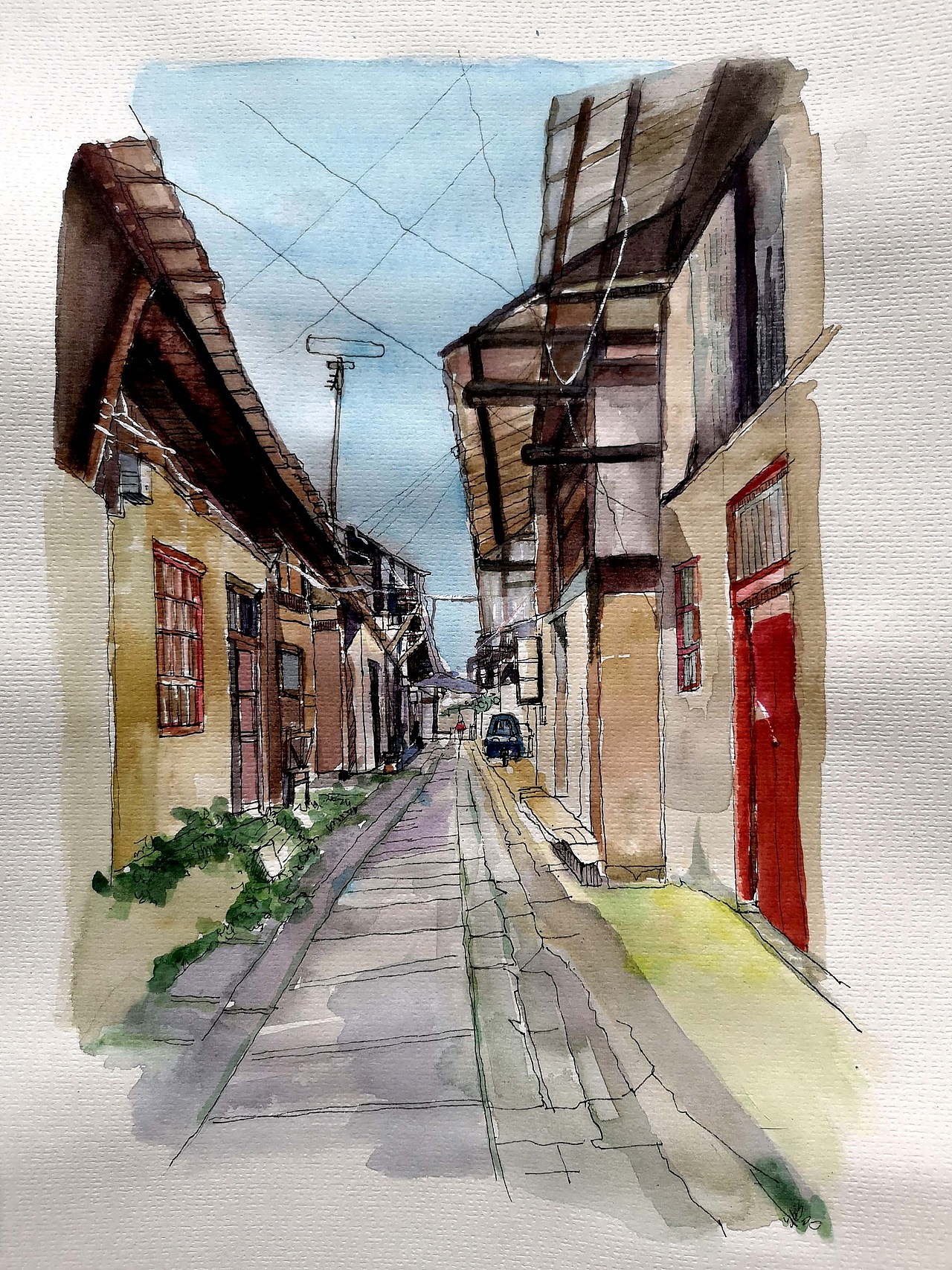 原创钢笔淡彩照片写生