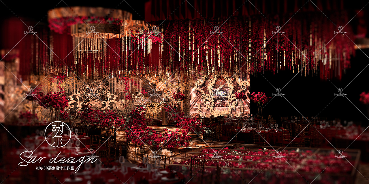 婚礼宴会红金巴洛克欧式婚礼3D效果图