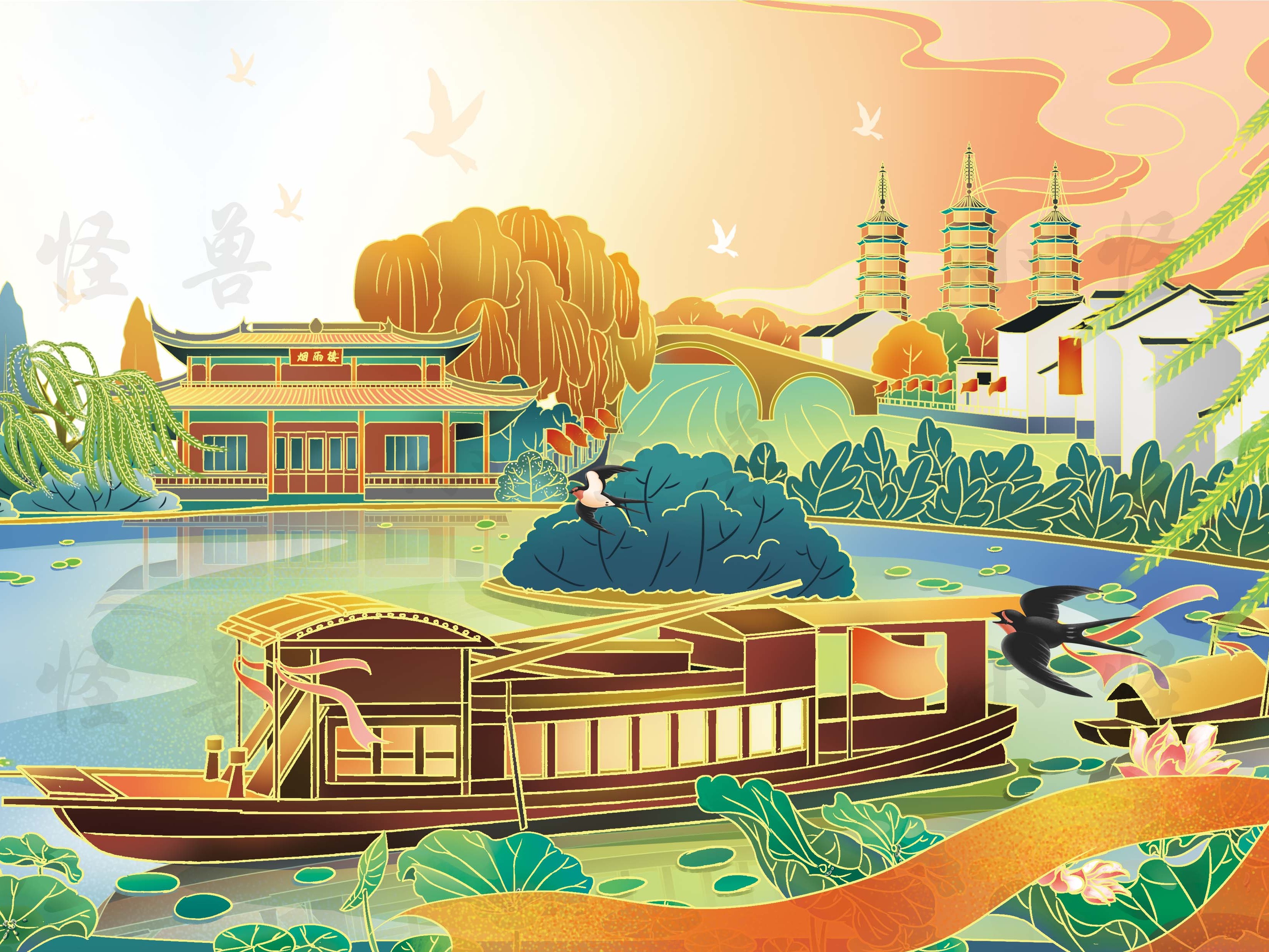 嘉兴南湖手绘风景图图片