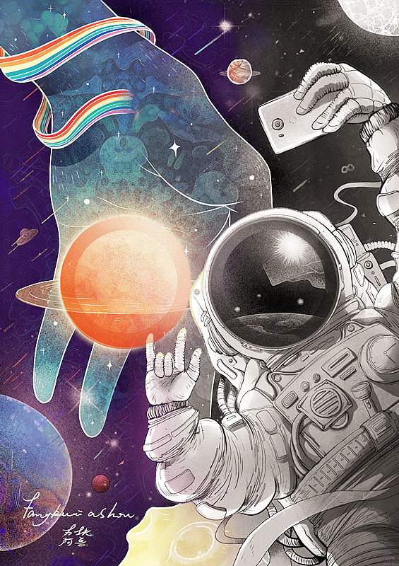 宇宙级自拍~#华为双镜头手机宣传海报#（图ZNDUxNzU2NjQ=） - 商业插画 - 站酷设计师方块阿兽原创素材 - 站酷ZCOOL