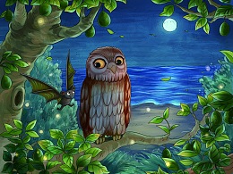 版绘水彩海岛风景小动物