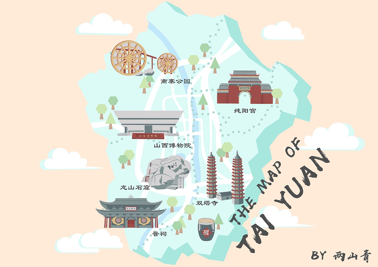 简易版手绘太原旅游地图