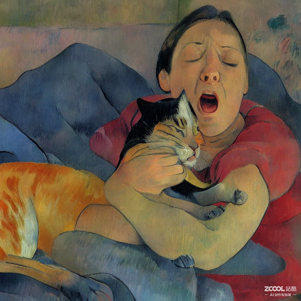 #AI创作实验室#慵懒的女孩打哈欠，抱着猫，非常详细（图ZMzE4NjUzNTU2） - AI作品 - 站酷设计师JeanneaL原创素材 - 站酷ZCOOL