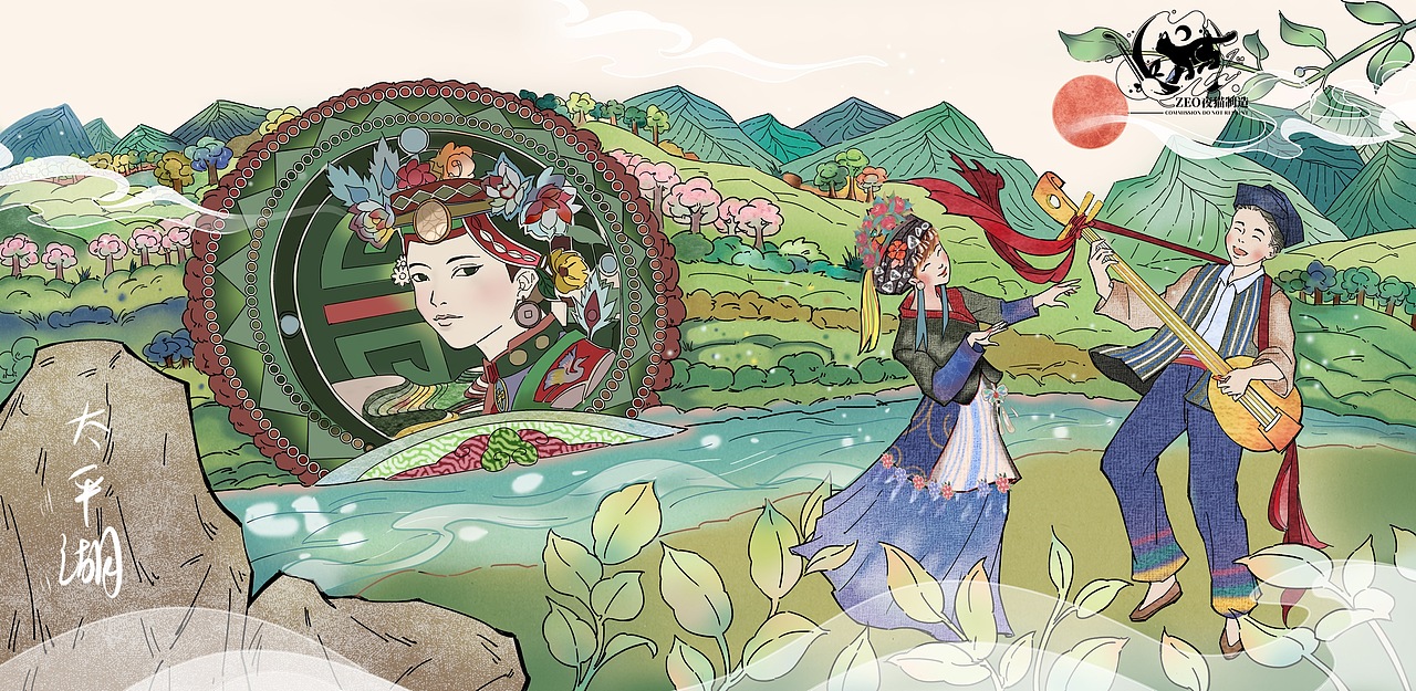 长亭茶馆奶茶包装插画设计