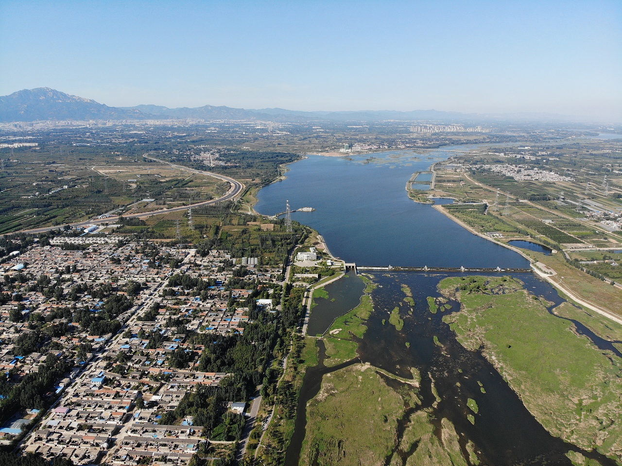 泰安大汶河湿地公园北集坡湿地公园航拍美丽风景