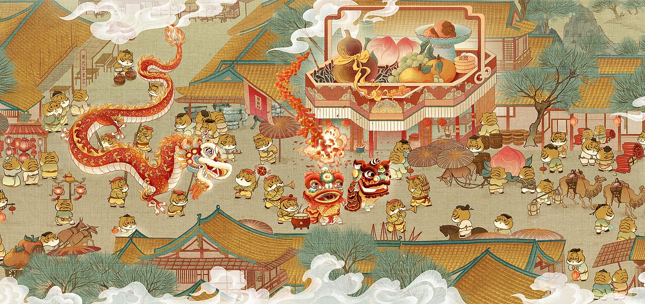 寅虎上河图 · 2022年虎年春节贺图 · 插画（图ZMjgzMTUwNjIw） - 商业插画 - 站酷设计师奈莫NEMO原创素材 - 站酷ZCOOL