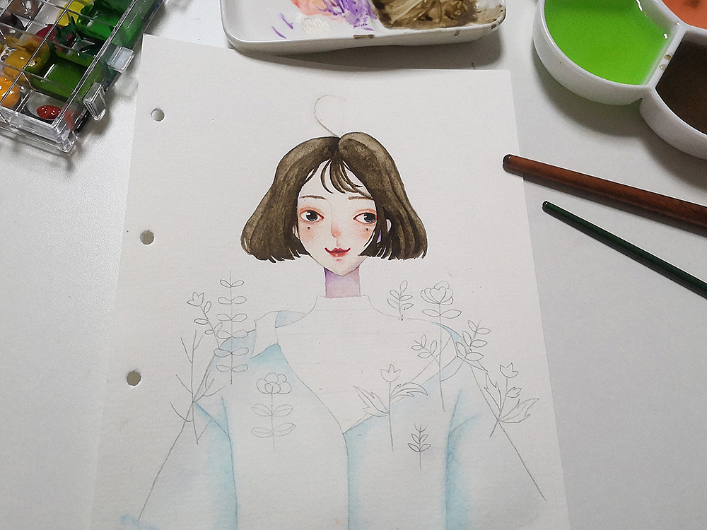 【五】头发用深棕色上色,衣服用浅蓝色打底