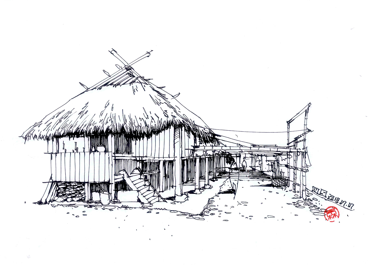 翁丁村 佤族建筑线稿