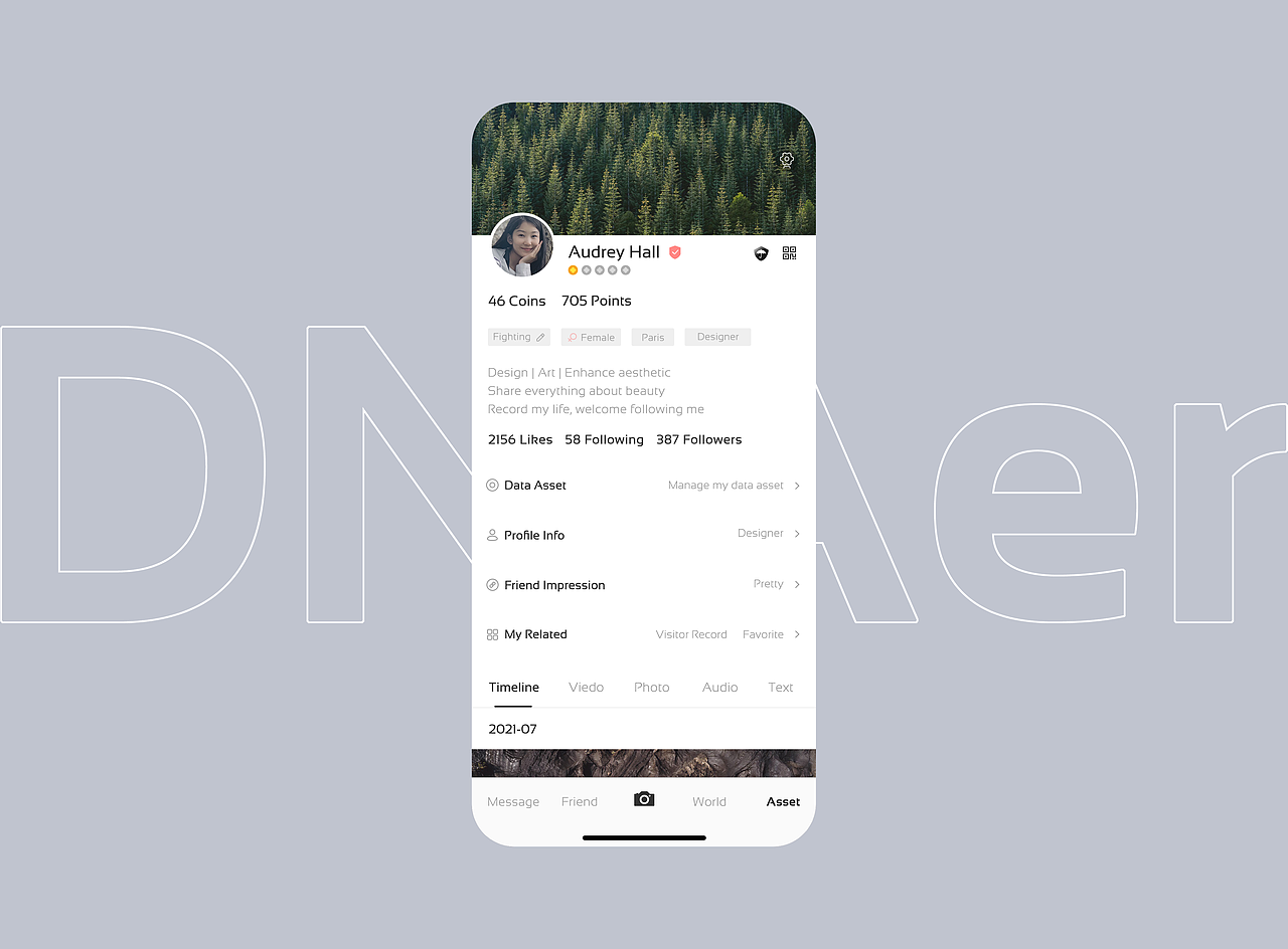 DNAer基因社交APP海外版个人主页极简、清爽界面设计