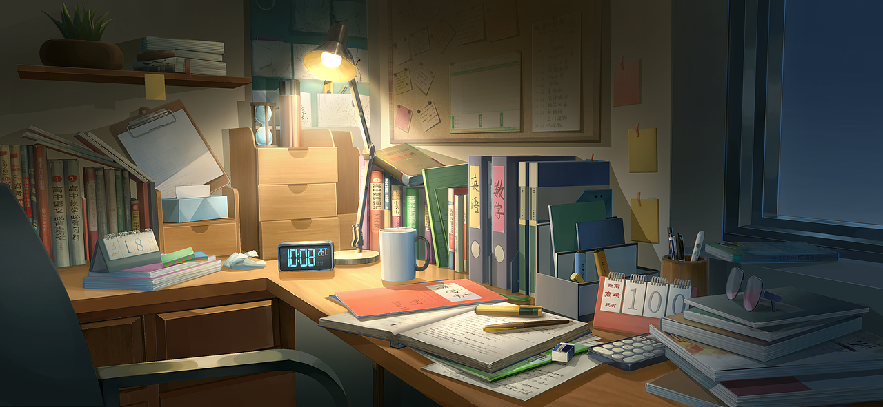 夜晚灯光下的高三书桌（图ZMzUyNjYwMTQ4） - 商业插画 - 站酷设计师画师乌乌原创素材 - 站酷ZCOOL