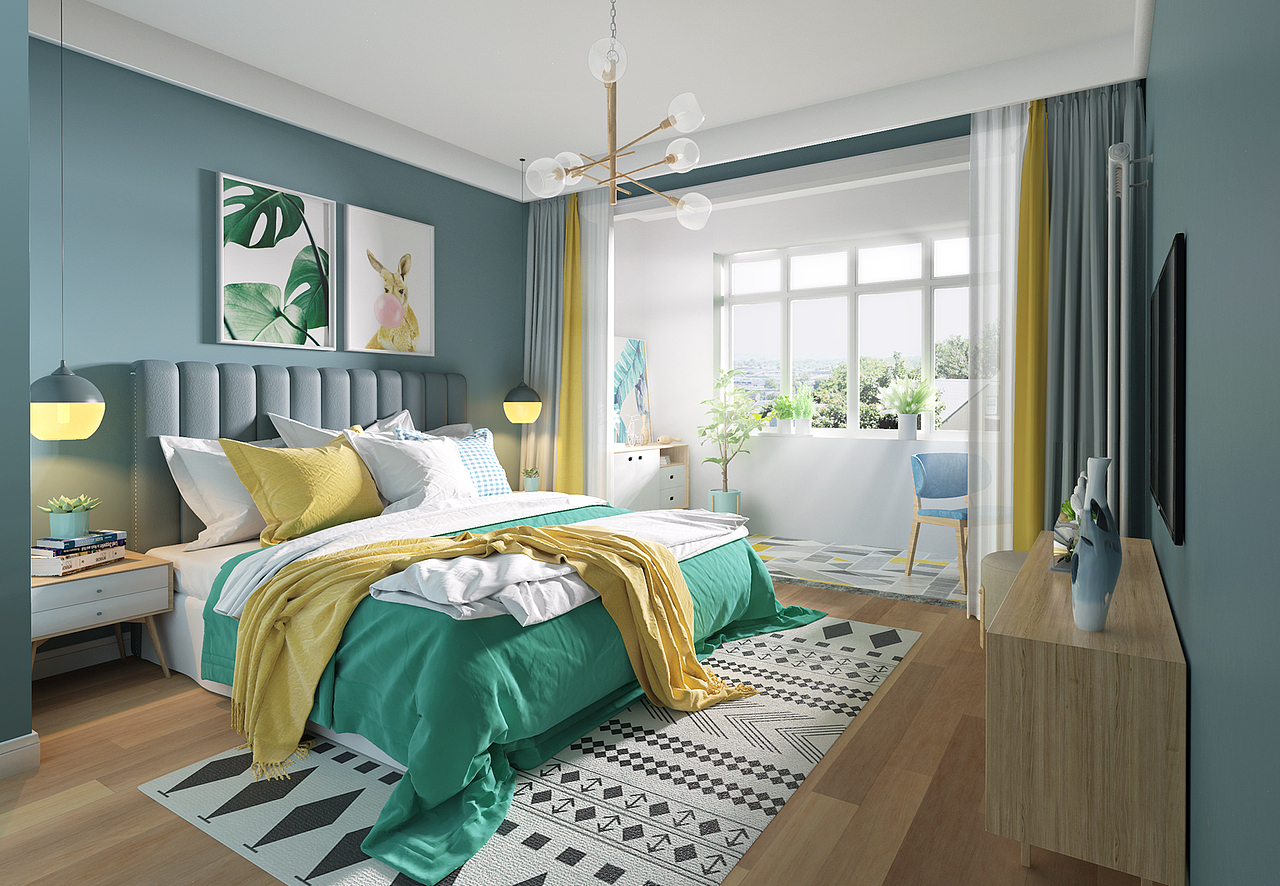 keyshot室内渲染自然光模拟马卡龙色北欧卧室