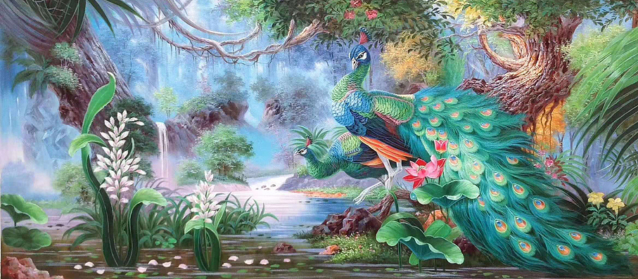 手绘油画孔雀