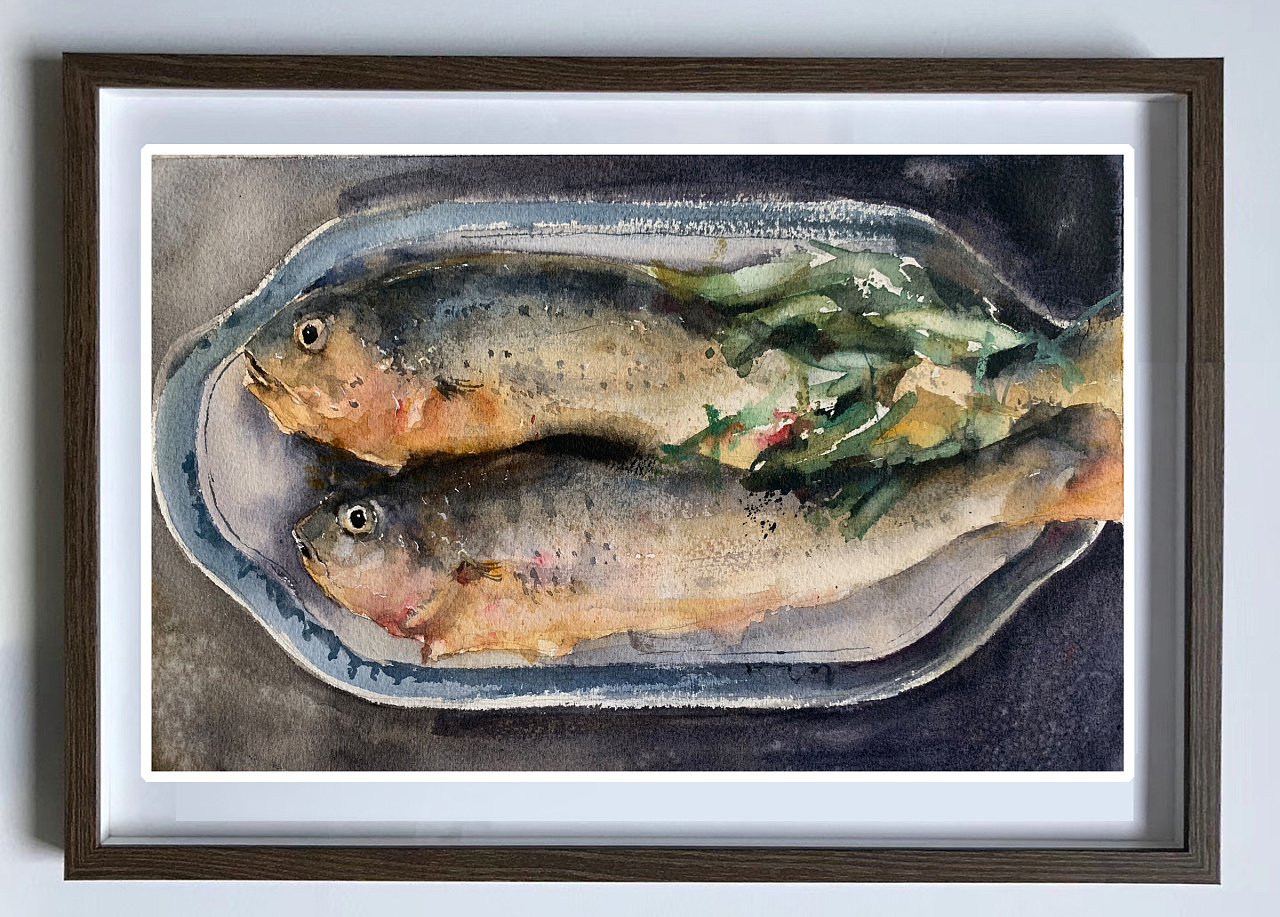 夏宇航水彩画《下锅前的黄鱼》