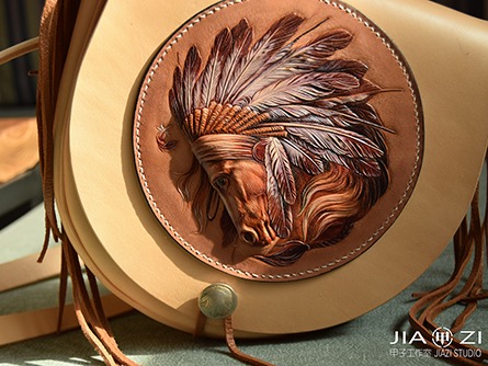  甲子工作室 原创皮雕皮具 日式印第安系列背包  酋长 